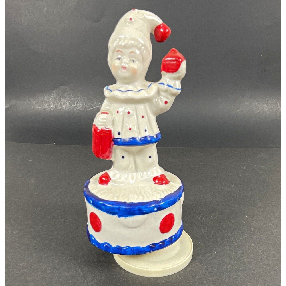 Vtg Ceramic Wind Up Musical Clown Toy Figurine White Red Blue Mechanical Decor